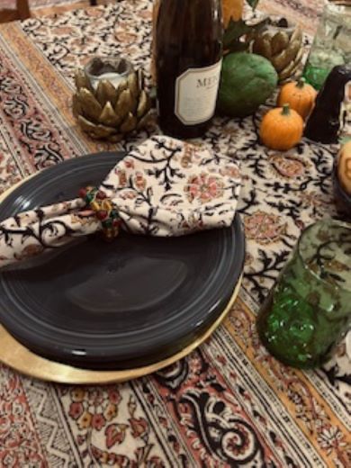 Gold & Rose Kalamkari TableCloth, Runner, and Napkins. Handmade Block Print.