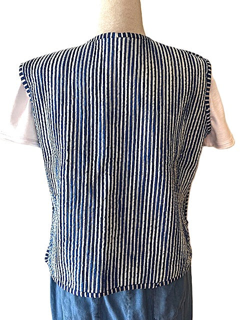 Designer Handmade Patchwork Vest In Navy. Fully Reversible Stripe.