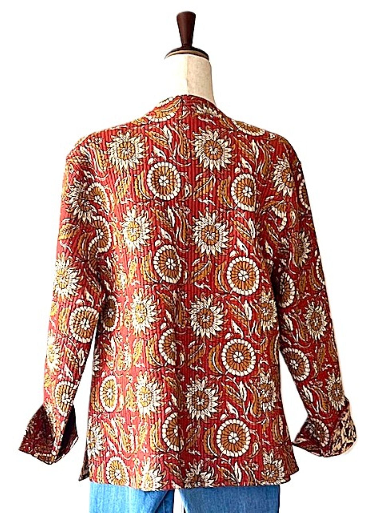 Luxe Cotton Quilted Women's Jacket, Fully Reversible (Rust Geometric)