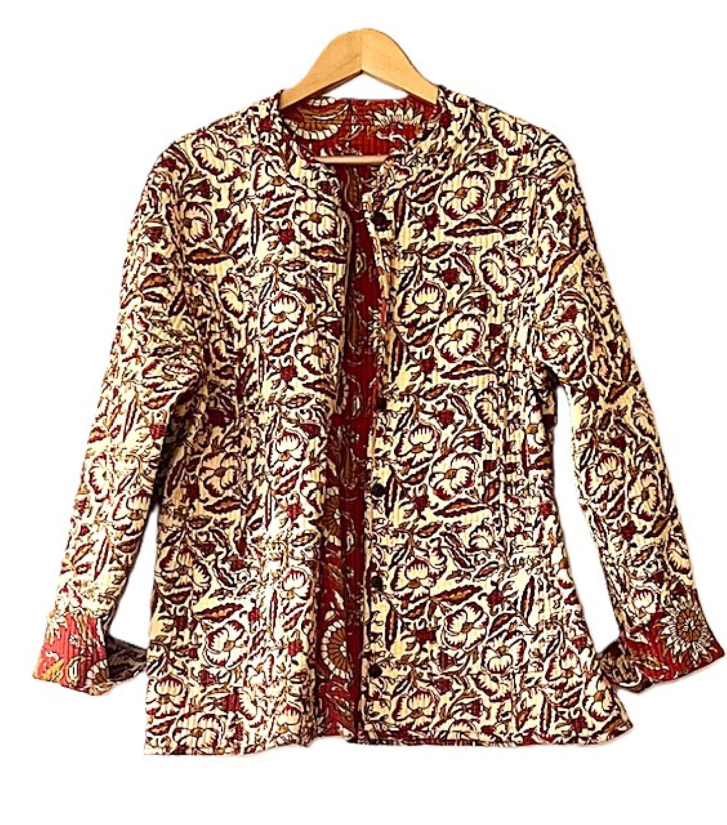 Luxe Cotton Quilted Women's Jacket, Fully Reversible (Rust Geometric)