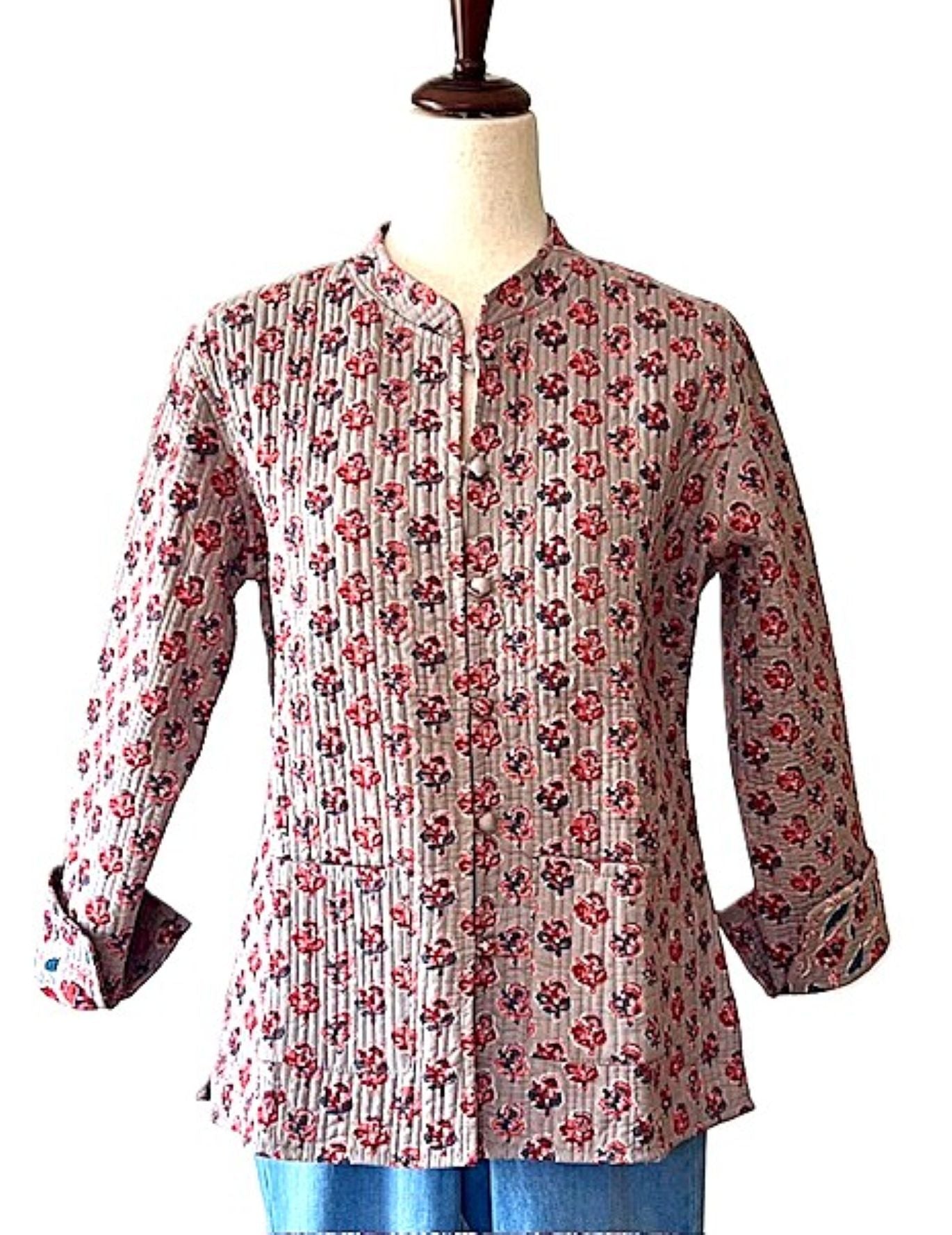 Luxe Cotton Quilted Women's Jacket, Fully Reversible (Rose Floral)