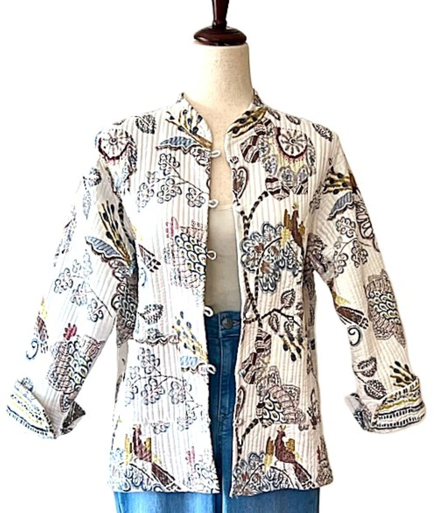 Luxe Cotton Quilted Women's Jacket, Fully Reversible. (Cream Botanical)