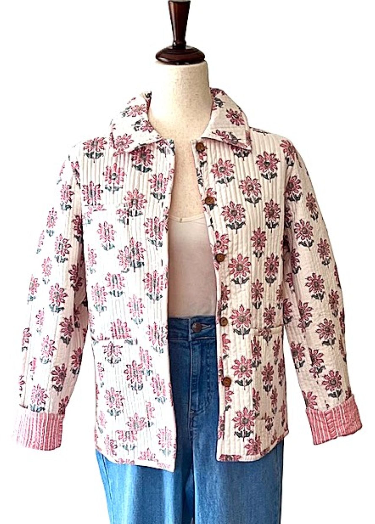 Collared Reversible Cotton Quilted Women's Jacket with Stripe Piping. (Pink)