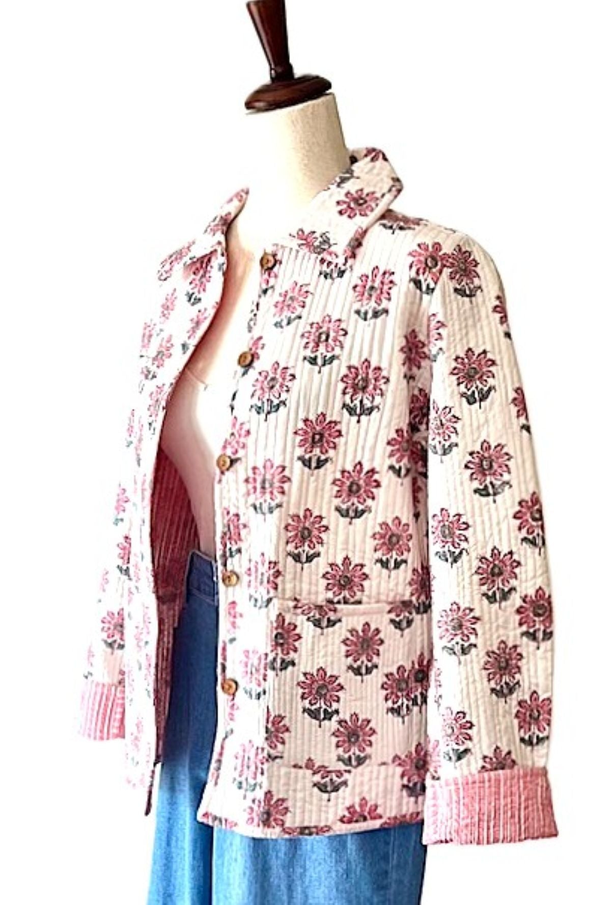 Collared Reversible Cotton Quilted Women's Jacket with Stripe Piping. (Pink)