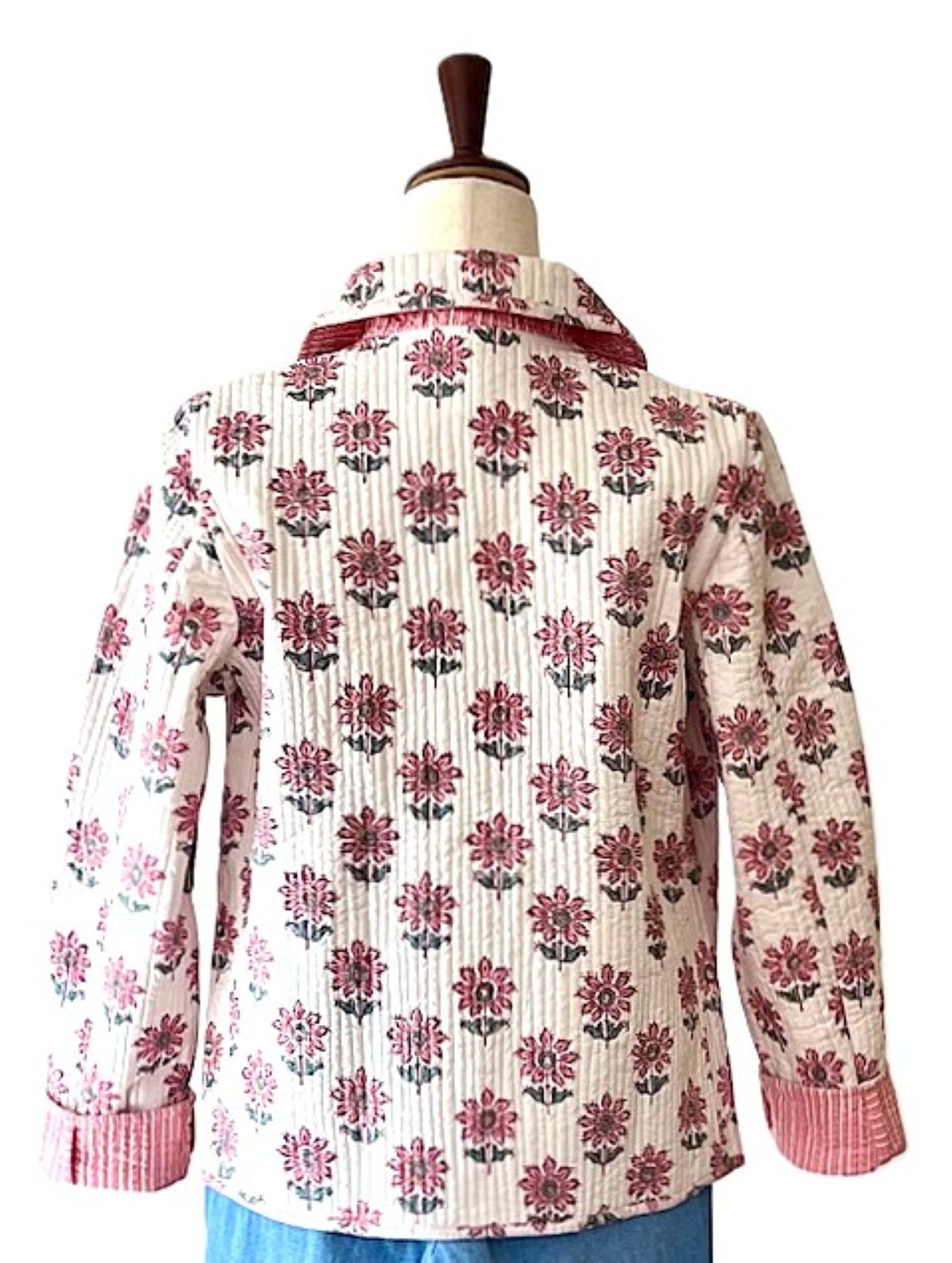 Collared Reversible Cotton Quilted Women's Jacket with Stripe Piping. (Pink)