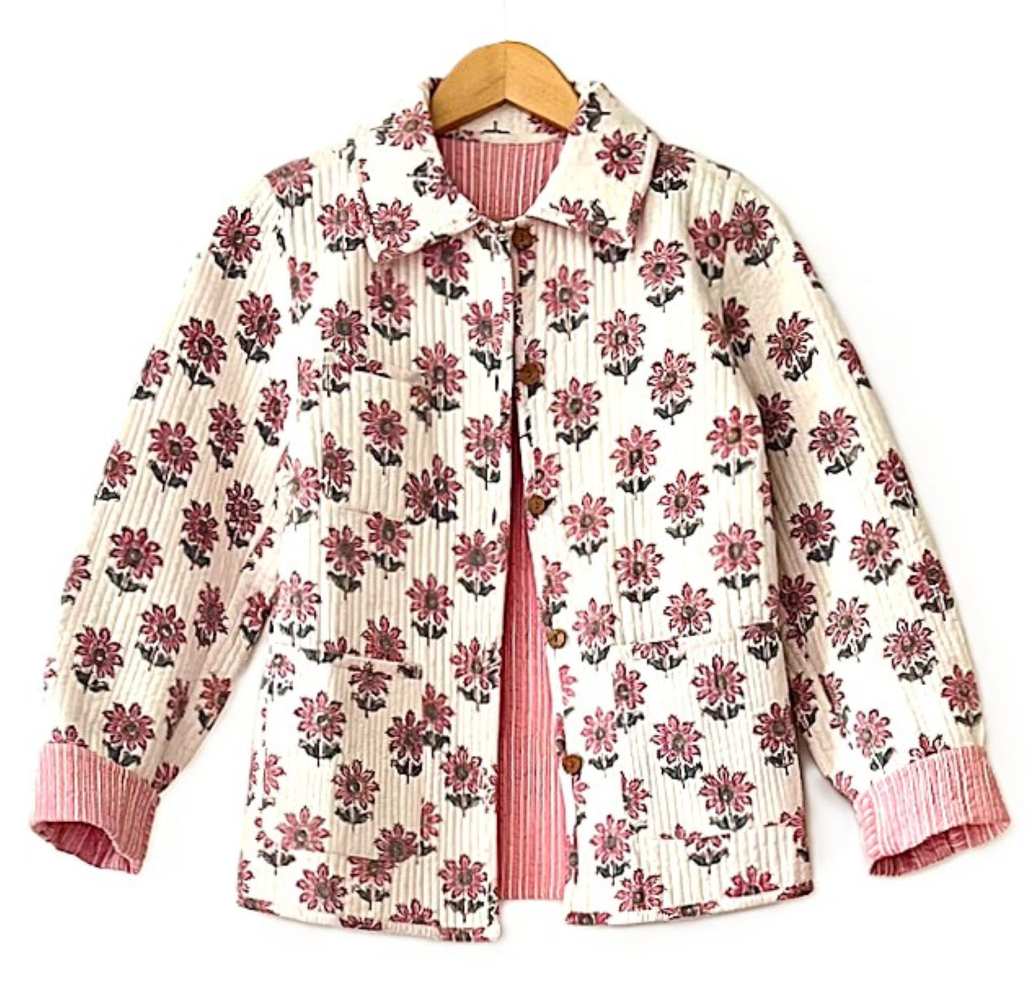 Collared Reversible Cotton Quilted Women's Jacket with Stripe Piping. (Pink)