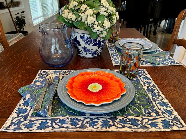 Elegant Floral Block Print Placemats and Napkins (Blue,Green) Only 1 Set Left.