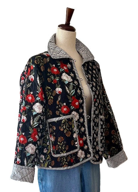 Luxe Cotton Quilted Womens Jacket With Stripe Piping Looks Rich (Black Floral)
