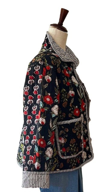 Luxe Cotton Quilted Womens Jacket With Stripe Piping Looks Rich (Black Floral)