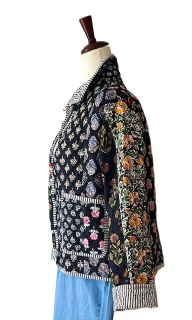 Luxe Cotton Quilted Womens Jacket With Stripe Piping Looks Rich (Black Floral)