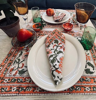 Hand Block Floral Printed Placemats and Napkins ( Sets of 6) Floral Blossom