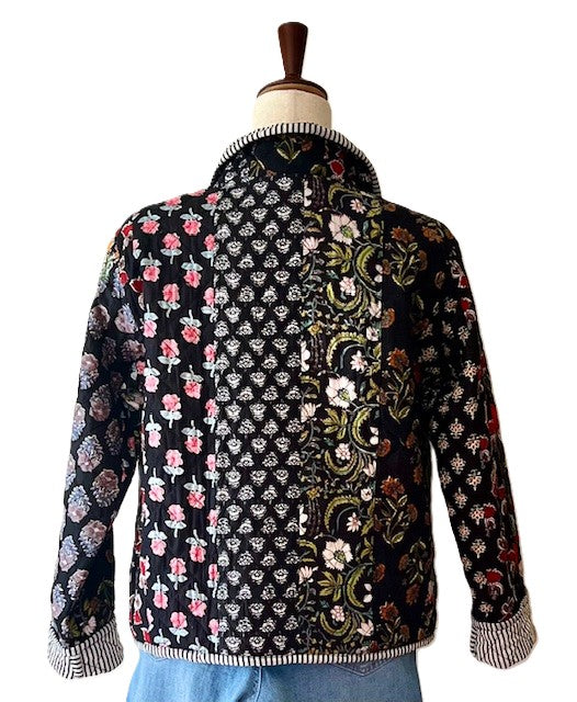 Luxe Cotton Quilted Womens Jacket With Stripe Piping Looks Rich (Black Floral)