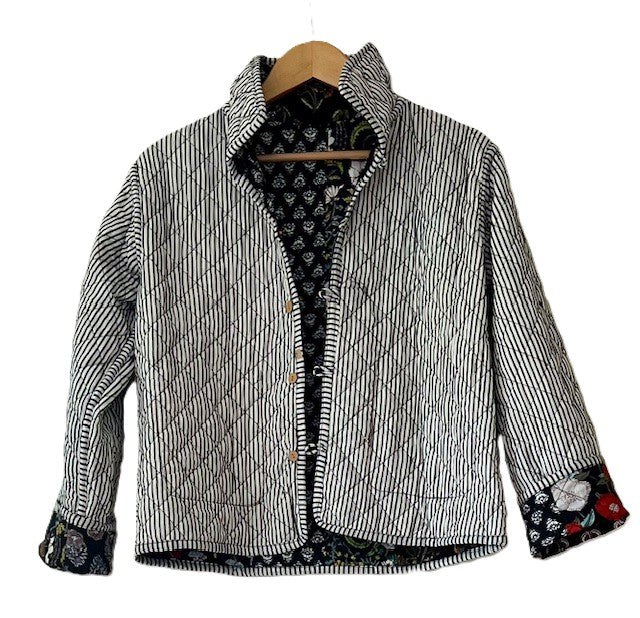 Luxe Cotton Quilted Womens Jacket With Stripe Piping Looks Rich (Black Floral)