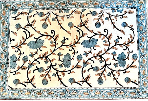Beautiful Block Printed 100% Cotton Silver Floral Print. Tablecloth, Placemats & Napkins