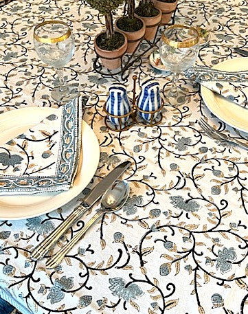 Beautiful Block Printed 100% Cotton Silver Floral Print. Tablecloth, Placemats & Napkins