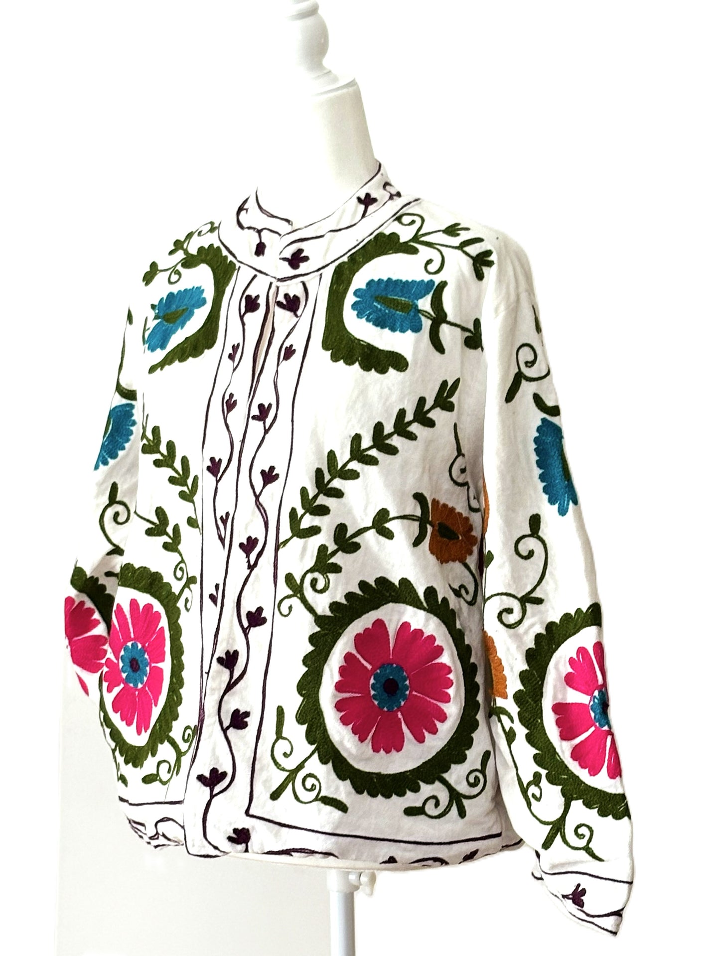 Wearable Art In This Beautiful Khadi Suzani Hand Embroidered Floral Jacket. (White Black )