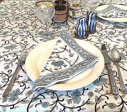 Beautiful Block Printed 100% Cotton Silver Floral Print. Tablecloth, Placemats & Napkins