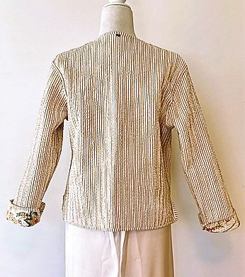 Reversible Cotton Quilted Womens Jacket With Stripe Piping (Cream Floral)