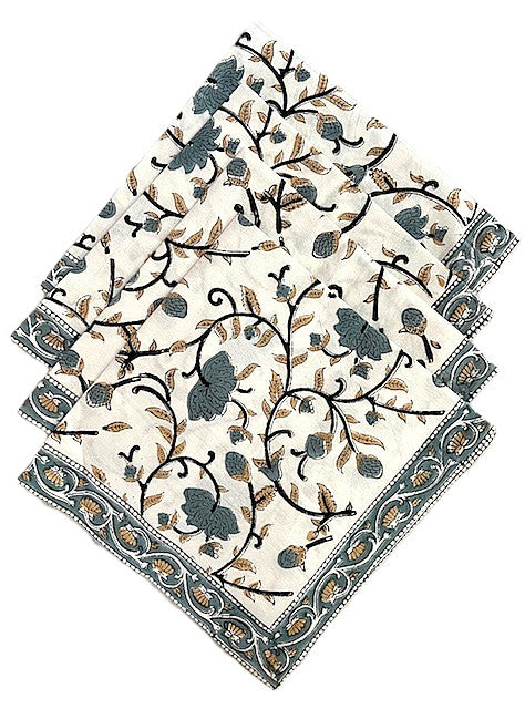 Beautiful Block Printed 100% Cotton Silver Floral Print. Tablecloth, Placemats & Napkins