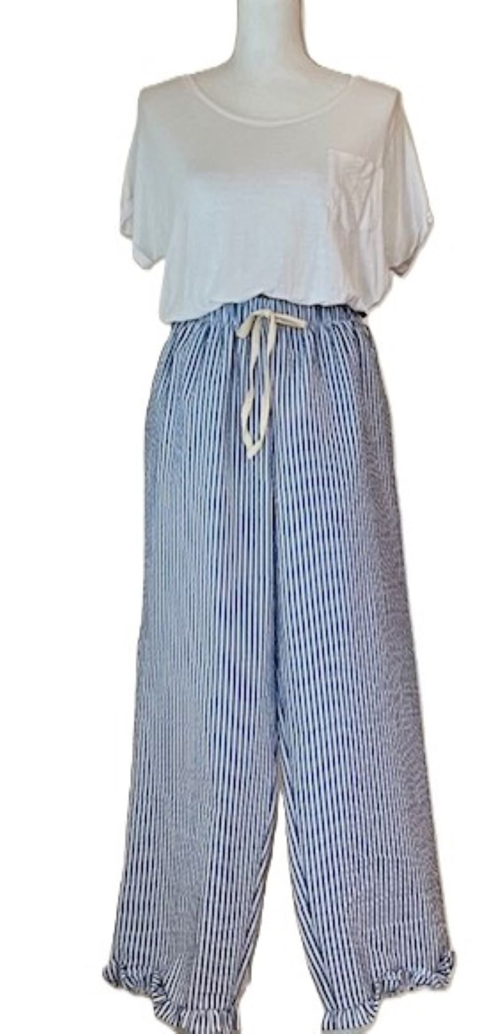 Very Parisian Ruffle Pajama Pant or Short, Sky Blue Stripe