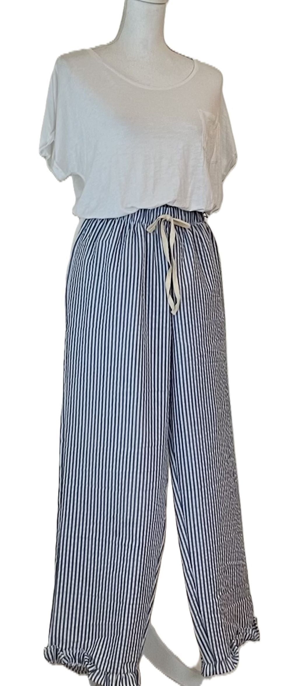 Very Parisian Ruffle Pajama Pant or Short, Sky Blue Stripe