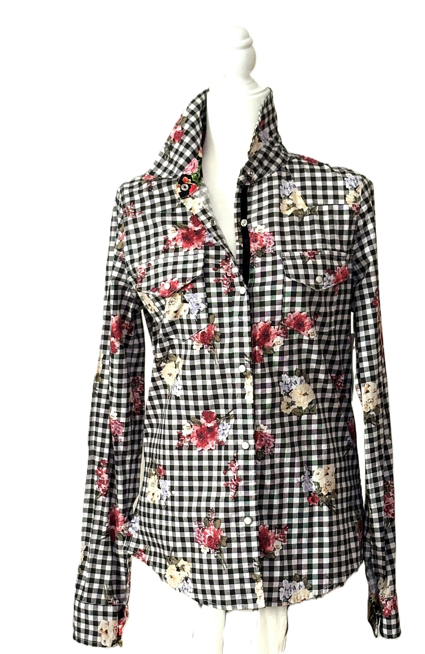 Top, The "Posy" Check Floral Cotton Shirt: Vintage Boho