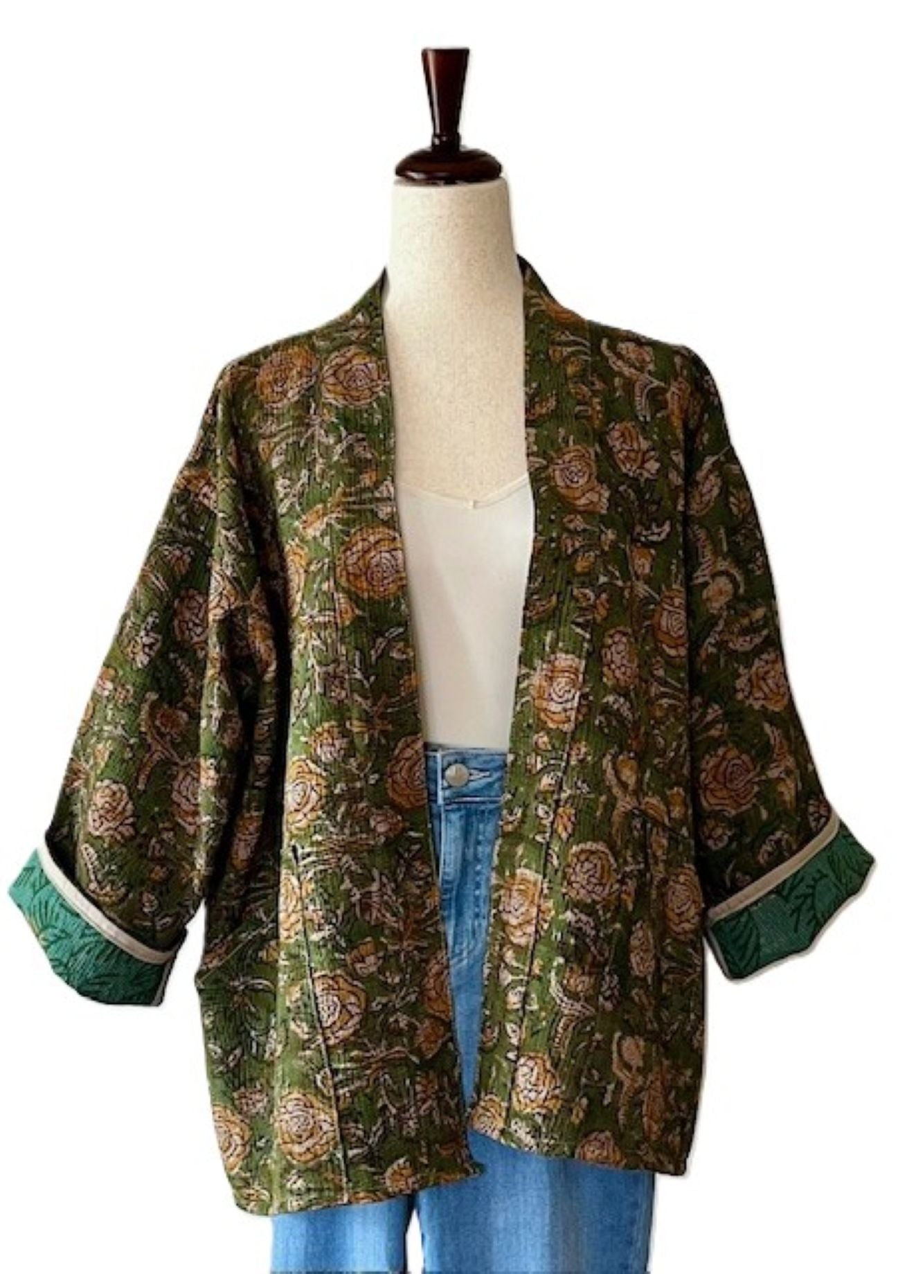 Specialty Collection: Short Jacket Fully Reversible. Kantha Quilted. (Olive)