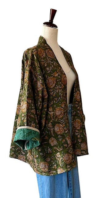 Specialty Collection: Short Jacket Fully Reversible. Kantha Quilted. (Olive)