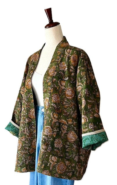 Specialty Collection: Short Jacket Fully Reversible. Kantha Quilted. (Olive)