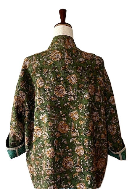 Specialty Collection: Short Jacket Fully Reversible. Kantha Quilted. (Olive)