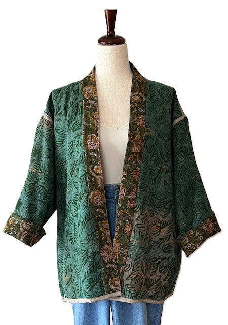 Specialty Collection: Short Jacket Fully Reversible. Kantha Quilted. (Olive)