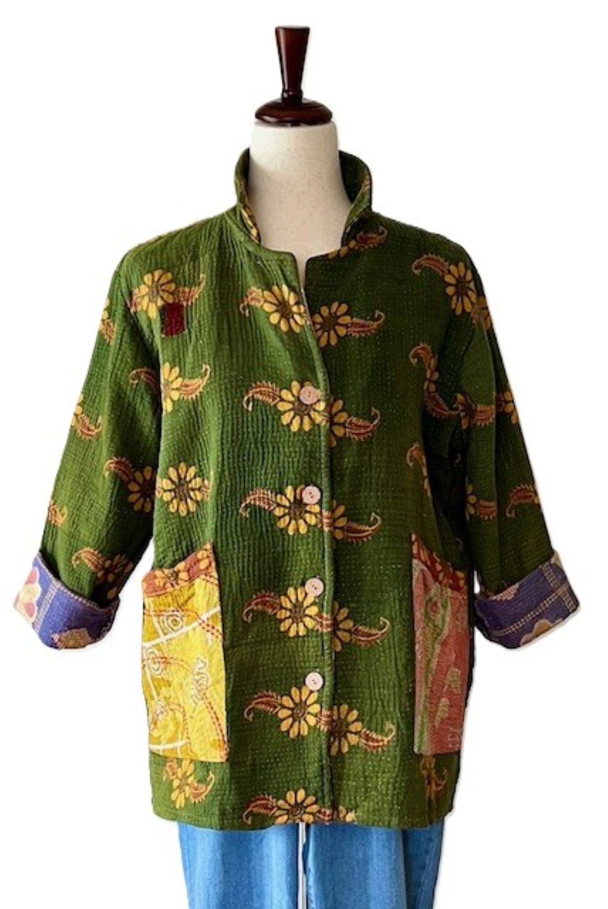 Specialty Collection: Kantha Front Open Jacket (Olive Floral)