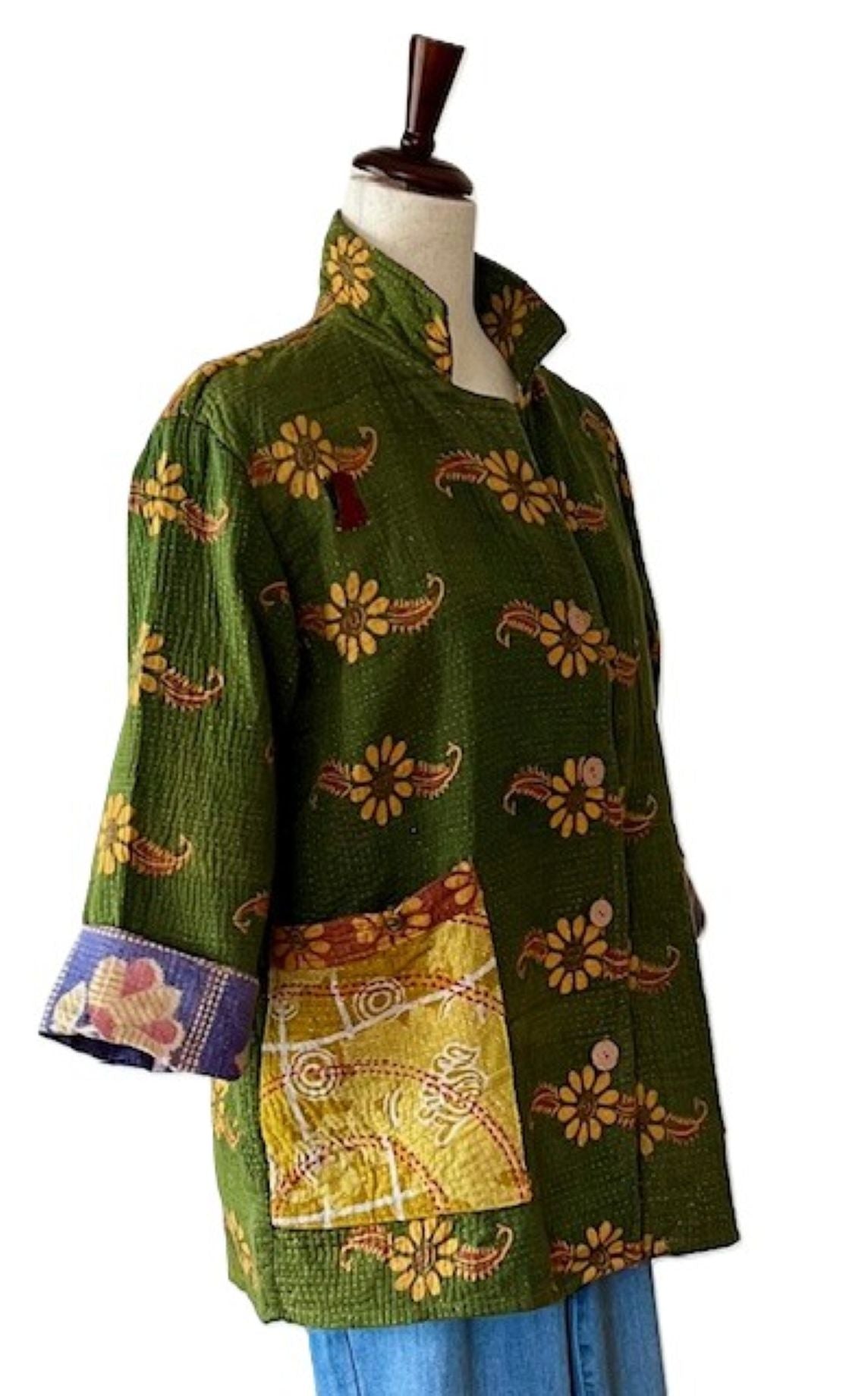 Specialty Collection: Kantha Front Open Jacket (Olive Floral)