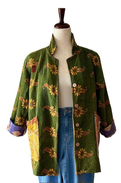 Specialty Collection: Kantha Front Open Jacket (Olive Floral)