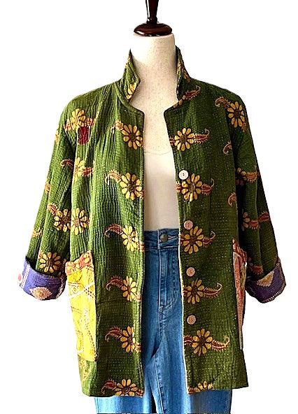 Specialty Collection: Updated Kantha Stitched Jacket With A Contemporary Flair (Olive Floral)