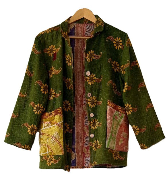 Specialty Collection: Kantha Front Open Jacket (Olive Floral)