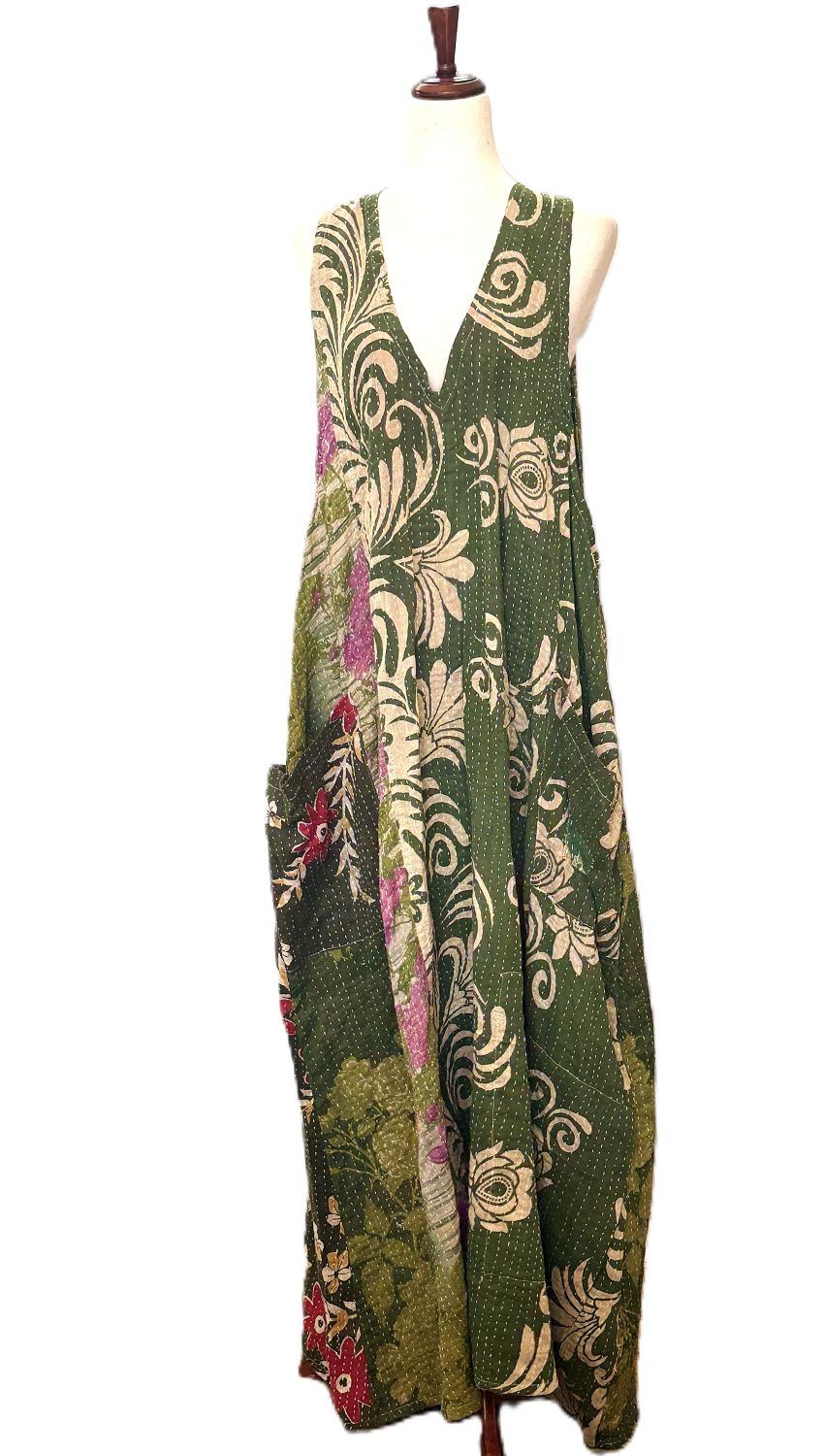 Kantha Bae Favorite: Harmony Mixed Print Maxi Cotton Dress or Jumper (Pink Green)