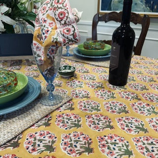 Hazel Block Print Floral Table Cloth Is Bright and Fresh (Gold and Pink)