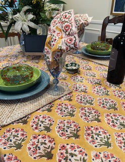Hazel Block Print Floral Table Cloth Is Bright and Fresh (Gold and Pink)