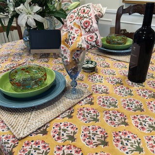 Hazel Block Print Floral Table Cloth Is Bright and Fresh (Gold and Pink)