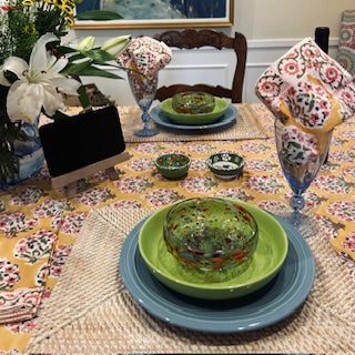 Hazel Block Print Floral Table Cloth Is Bright and Fresh (Gold and Pink)