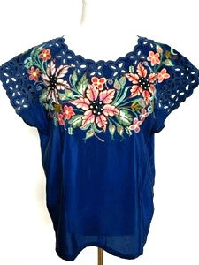 Beautiful Hand Embroidered Huipil Top, Navy