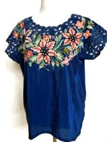 Beautiful Hand Embroidered Huipil Top, Navy