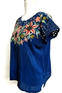 Beautiful Hand Embroidered Huipil Top, Navy