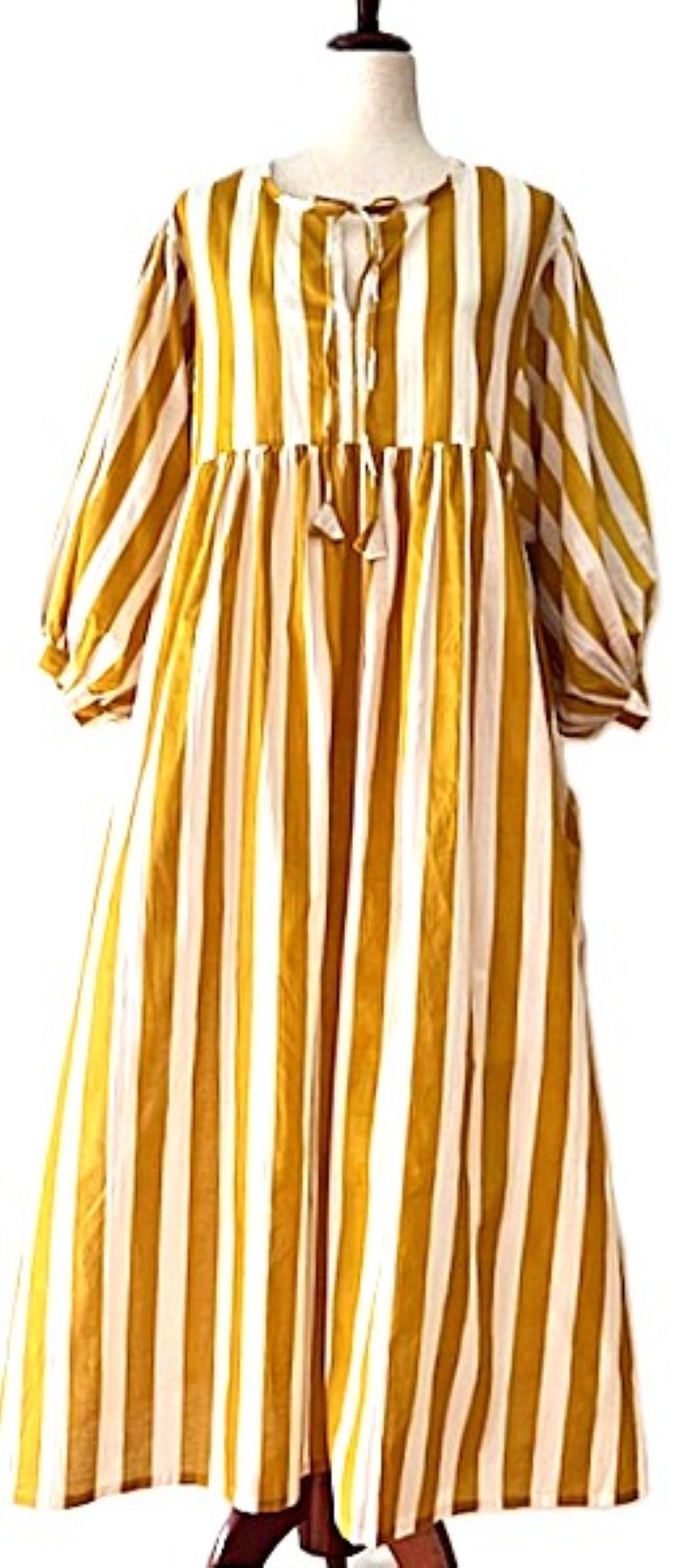 Dresses: Smart Stripe Cotton Handblock Midi. Seasonless. (Mustard)