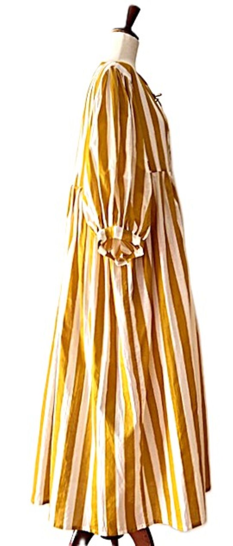Dresses: Smart Stripe Cotton Handblock Midi. Seasonless. (Mustard)