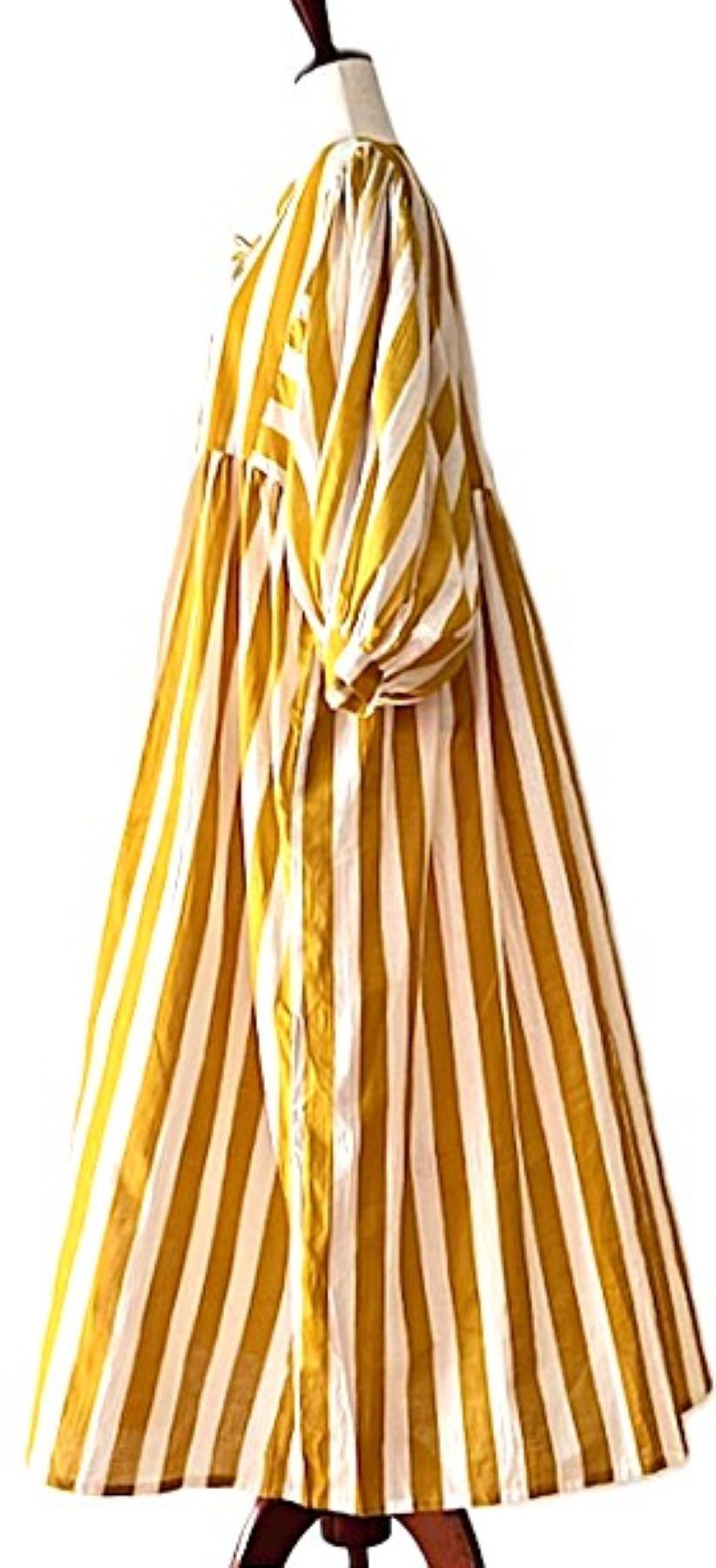 Dresses: Smart Stripe Cotton Handblock Midi. Seasonless. (Mustard)
