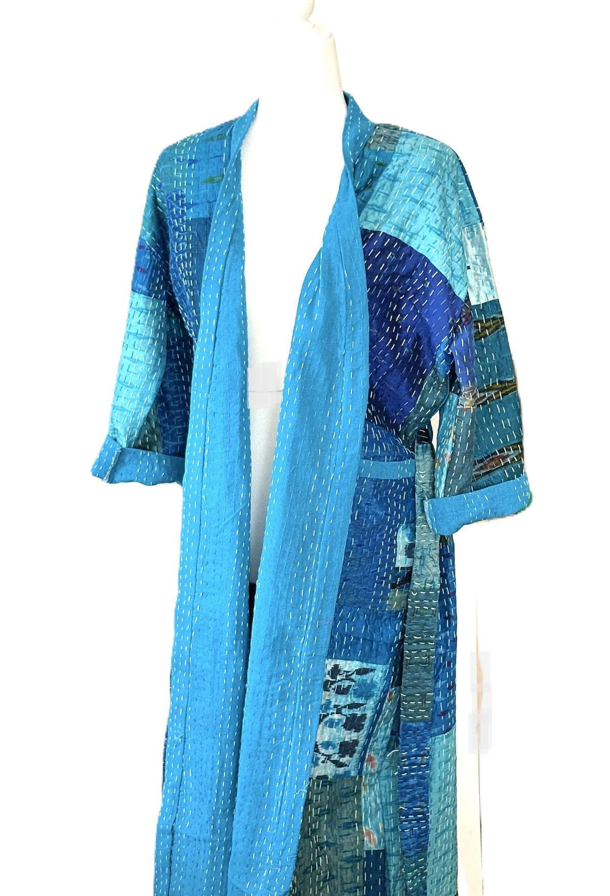 Spectacular Long Designer Patchwork Silk Kimono In A Knock Out Color. (Blue)