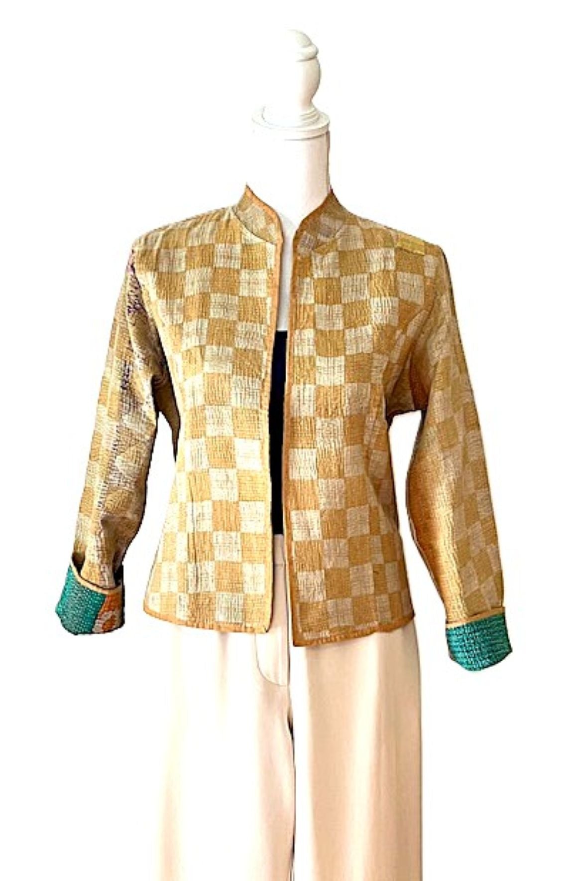 Jacket: Fully Reversible Short Quilted With Kantha Stitching. (Bronze, Green)