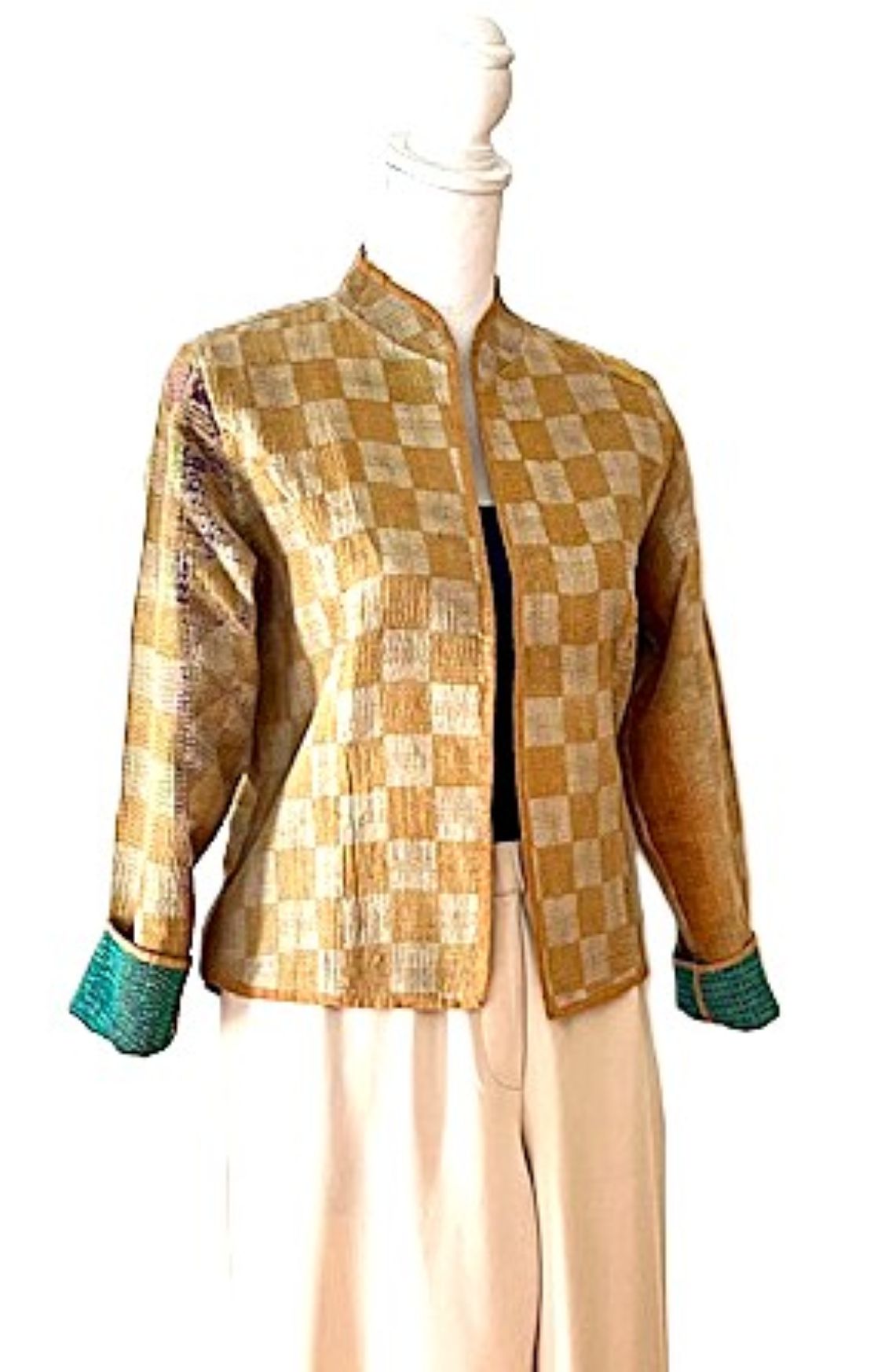 Jacket: Fully Reversible Short Quilted With Kantha Stitching. (Bronze, Green)